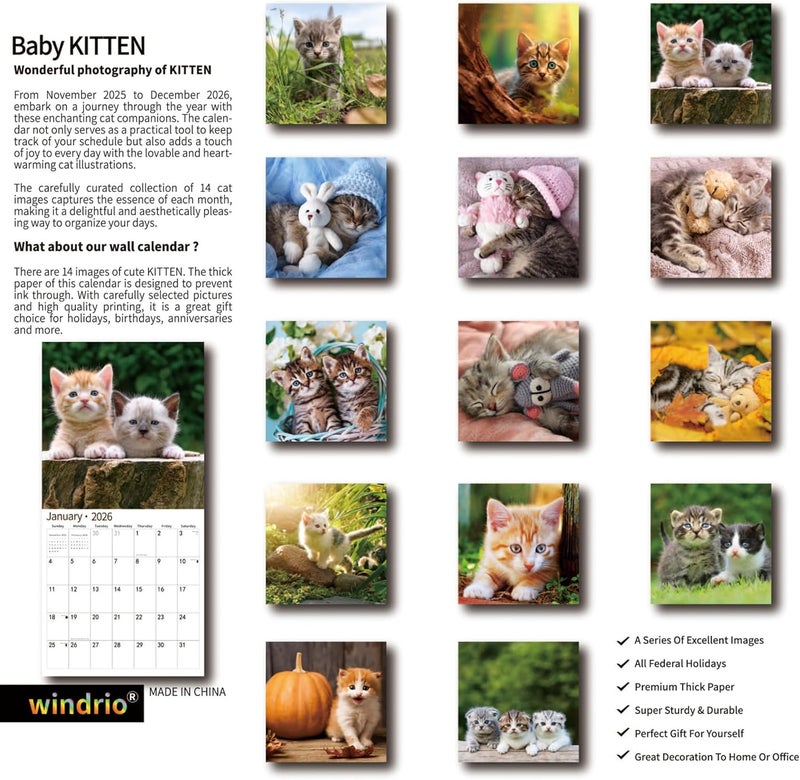 windrio 2026 Wall Calendar,Calendar 2026, November 2025 - December 2026, Wall Calendar Cat Kitten, 12" X 24" Opened,Full Page Months Thick & Sturdy Paper for Calendar Organizing & Planning - Image 2